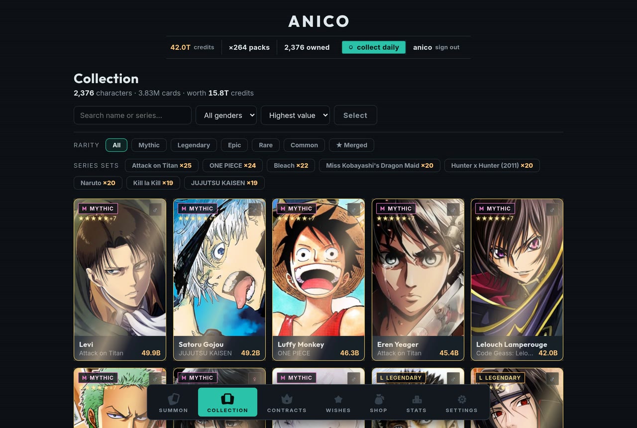 The collection view, cards sorted by value under rarity and series filters.