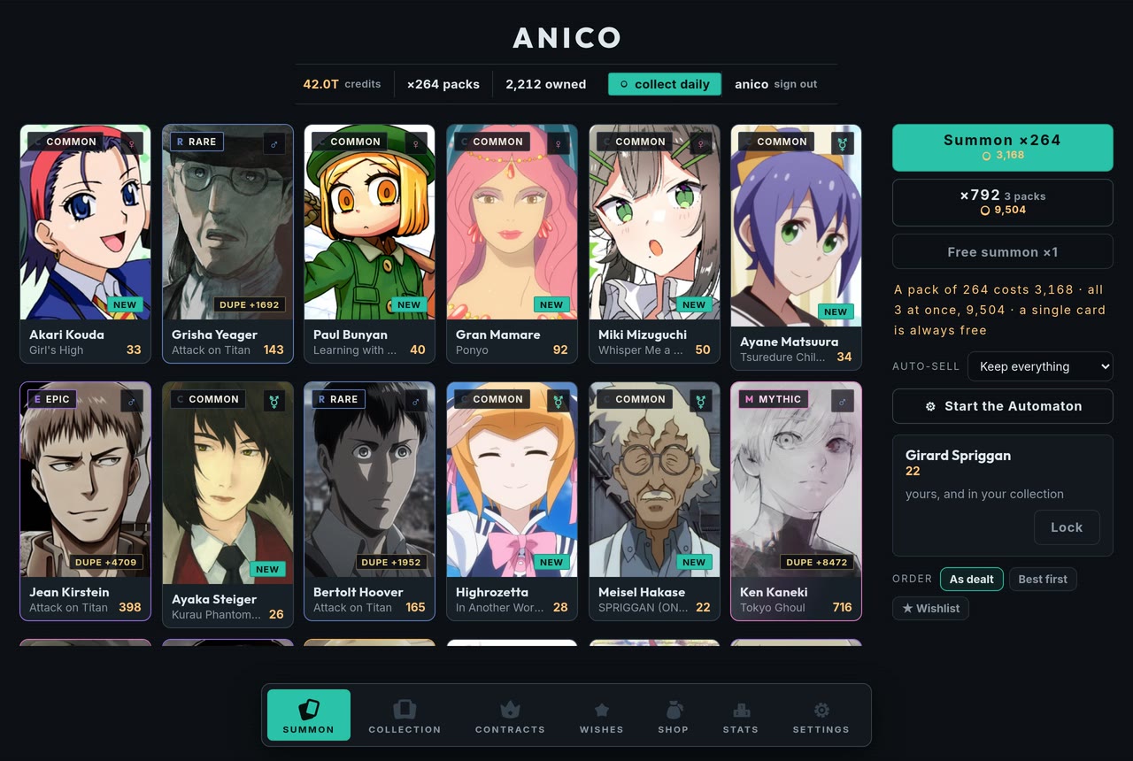 A finished pull laid out as a grid of cards beside the summon panel.