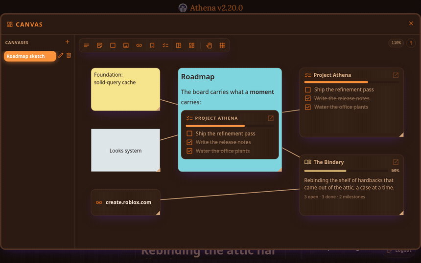 Moving a node on the canvas, drawing a connector, then checking a task off a reference node.