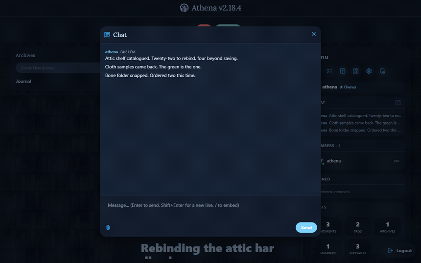 Sending a message in the library-wide chat log.