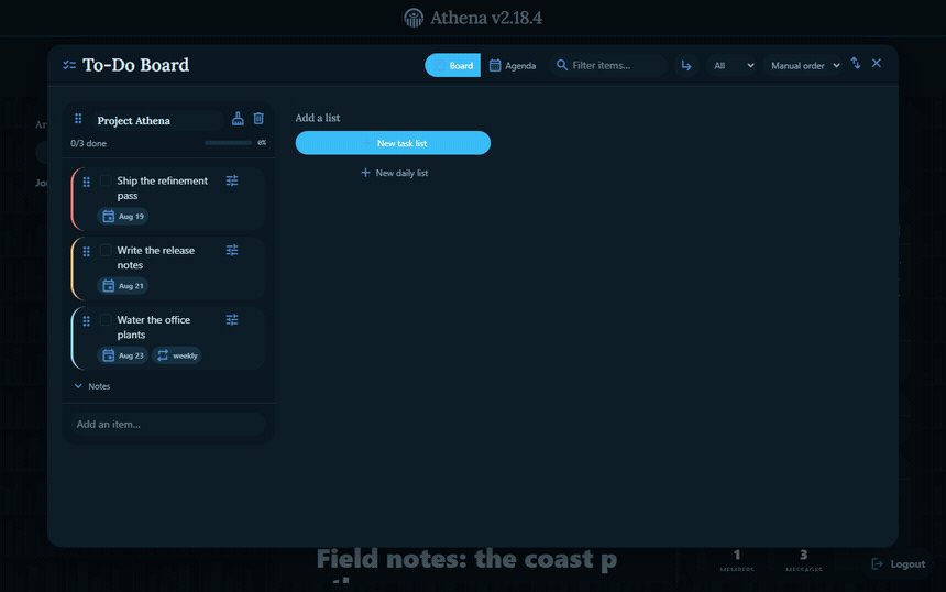 Checking off tasks in a list, then switching to the agenda view.