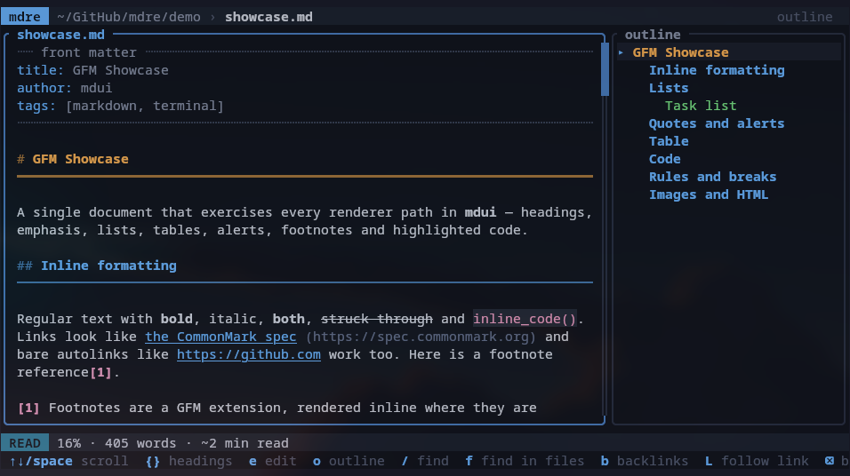 A dark terminal window showing a markdown note rendered by mdre.
