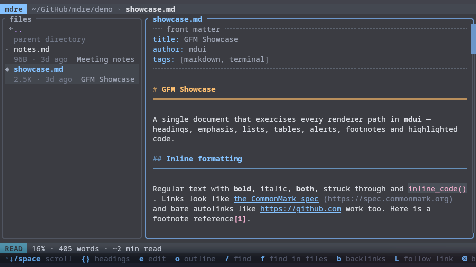 A display of the main interface, showcasing the files panel, and the markdown panel.