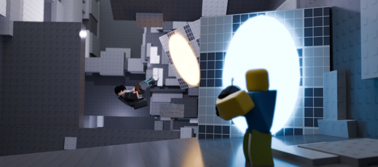 Two players in a grey brick chamber, one firing an orange portal while the other stands in a blue one.