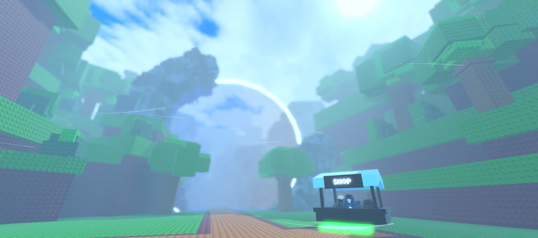 A green blocky landscape with floating islands and a shop stall beside the path.