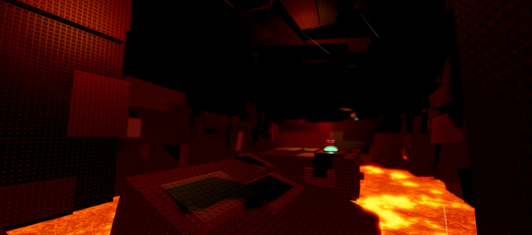 A dark red cavern with molten lava pooling across the floor.
